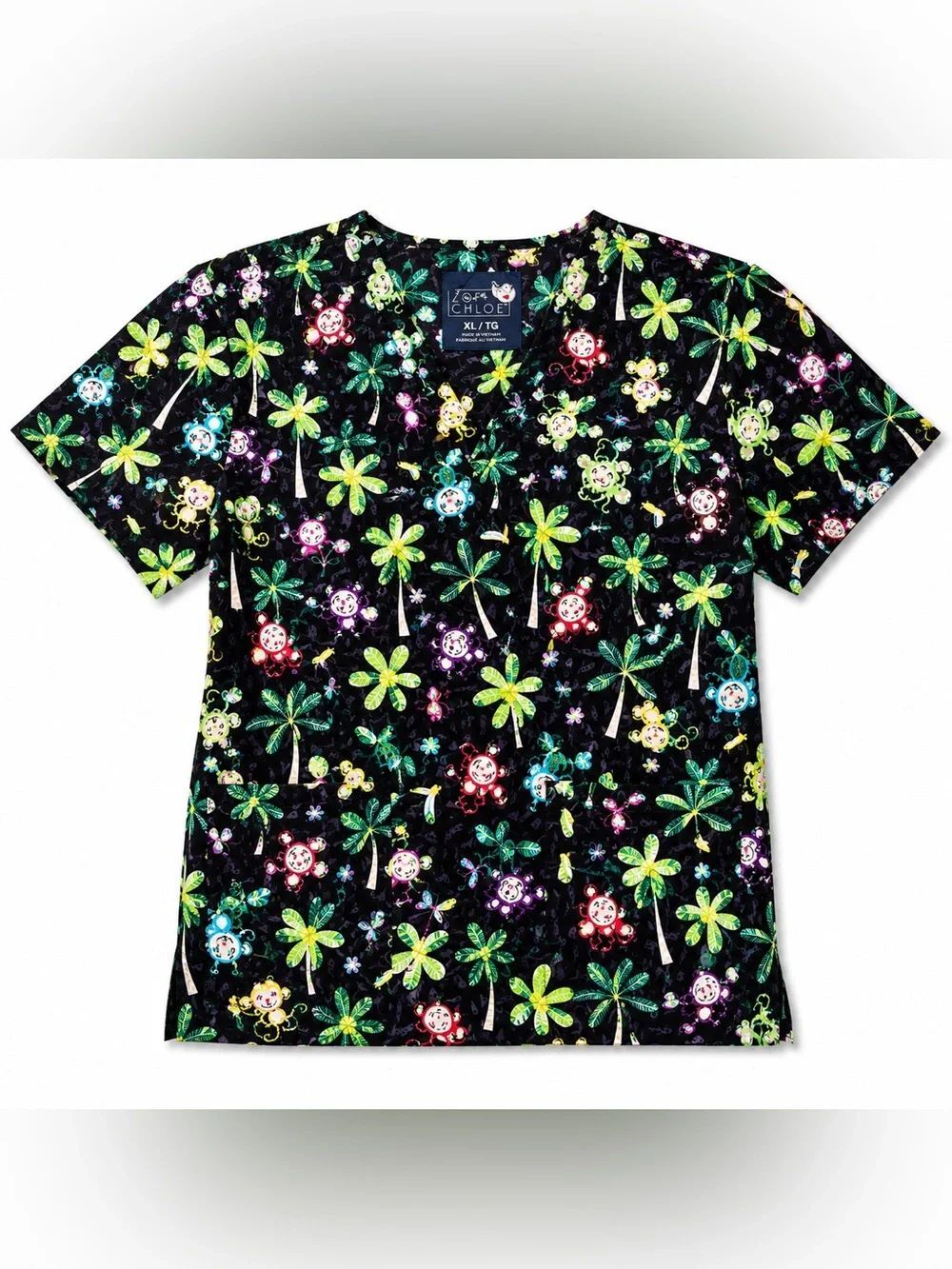 Zoe + Chloe Monkey Palm Tree Print Scrub Top XL Tropical V-Neck Nurse